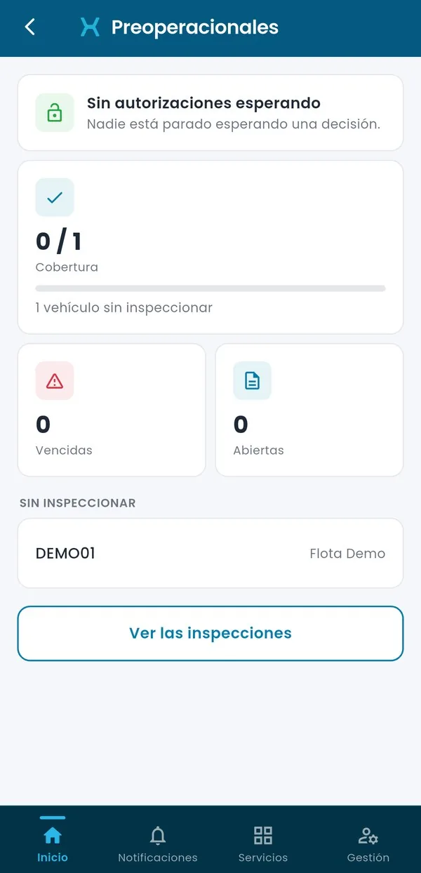 El módulo de inspecciones del administrador en la app: cobertura del día y vehículos sin inspeccionar